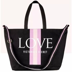NEW with Tags! Victoria's Secret LOVE Black Pink Logo Stripe Large Weekender Tot